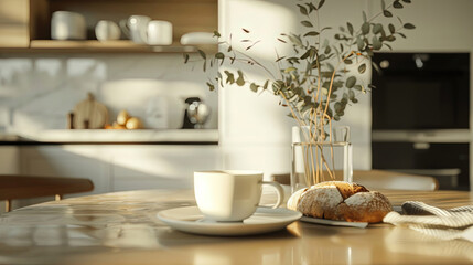 Dining table with cup of coffee and flowers in vase, kitchen interior background