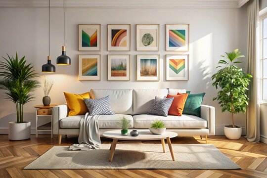 Scandinavian interior design of modern living room, home. Colorful vibrant pillows on white sofa against wall with art poster frame