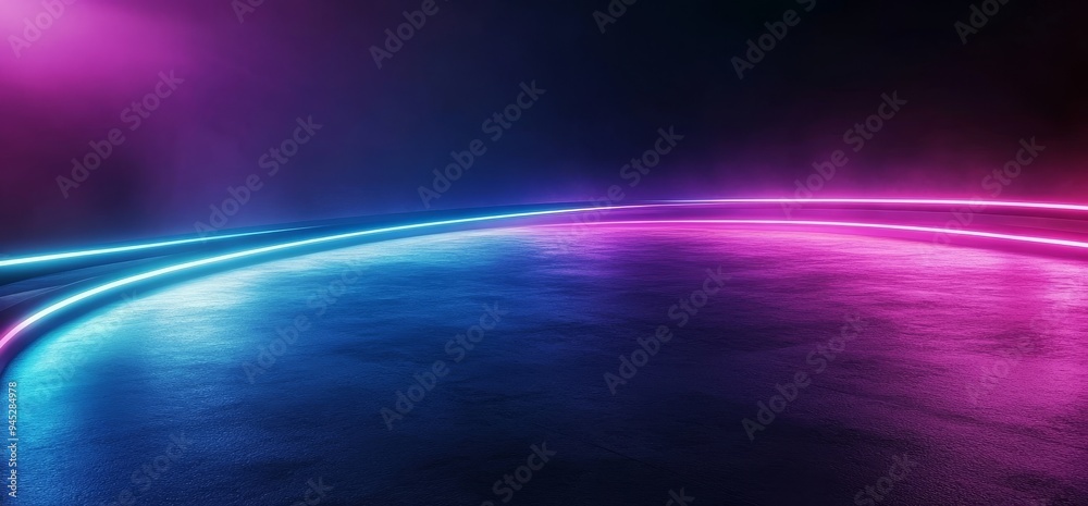 Poster An abstract 3D rendering of futuristic sci-fi neon lights on a black background with reflective concrete and empty space for text.