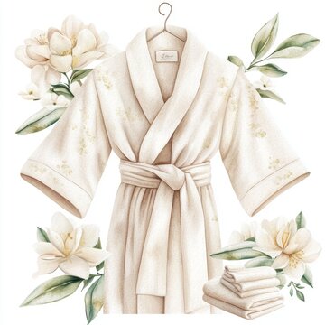 recommend clip art: Watercolor illustration of a light beige bathrobe and folded towels, adorned with delicate white flowers, on a white background.