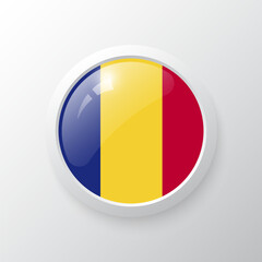 3D Button with Romania flag. as round glossy icon on background isolated. Vector illustration eps 10.	
