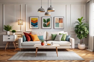 Scandinavian interior design of modern living room, home. Colorful vibrant pillows on white sofa against wall with art poster frame