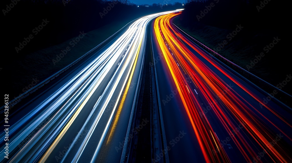 Wall mural A night view of a highway with blurred light trails from moving vehicles.