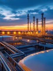 Obraz premium Biogas facility at sunset with methane gas sensors glowing, highlighting a potential leak in the twilight ambiance.