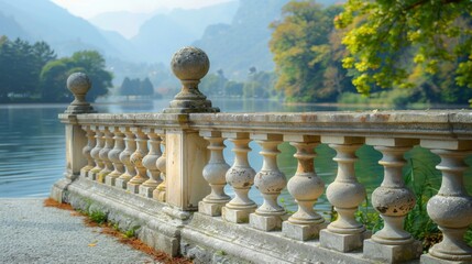 "Scenic Balustrade by Lakeside in Autumn"