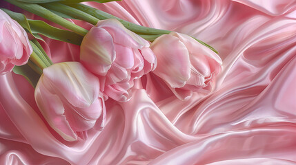 Obraz premium Pink tulips on satin background