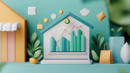 3D Illustration of Financial Growth Concept with a House, Graphs, and Shopping Icons in Teal and Yellow Tones.