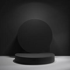 07231101 50. Black circular stage, matte finish, geometric cube stand, minimalist design, dark backdrop, gentle lighting, product display, monochromatic, sleek surface, soft shadows, professional
