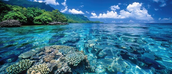 Serene Seascape: Crystal-Clear Ocean Teeming with Vibrant Marine Life