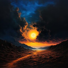 A stunning landscape depicting a dramatic sunset amidst dark clouds, illuminating a serene valley.