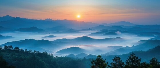 Fototapeta premium Serene Beauty of Misty Mountains at Dawn