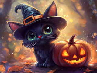 Halloween, cute black kitten, magic black hat, pumpkin, fog, night, lights, forest, holiday, autumn, october.