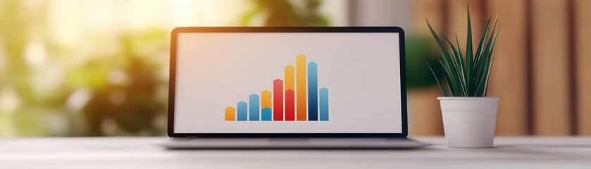 Fototapeta premium Modern laptop displaying colorful bar chart on a desk with a plant. Perfect for business, analytics, or finance themes.