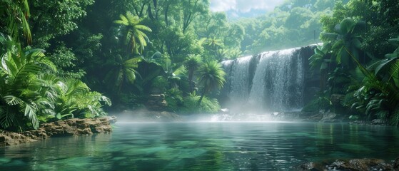 Serene Waterfall in Lush Green Jungle Paradise