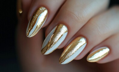 Fototapeta premium Elegant white and gold nail design featuring intricate patterns and glittering accents