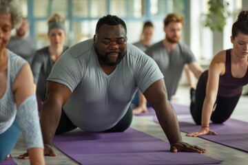 Fototapeta premium Inclusive Yoga Class for Wellbeing: Diverse Group Practicing Relaxation and Mindfulness