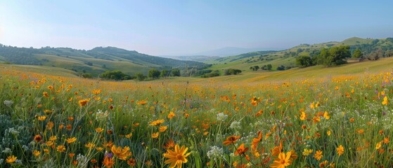 Tranquil Rolling Hills adorned with Colorful Wildflowers under a Clear Blue Sky