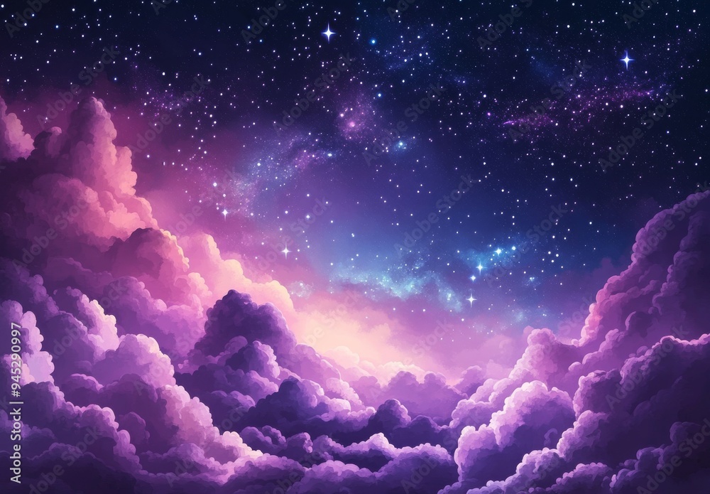 Wall mural a purple abstract background with a glowing milky way galaxy and planets.
