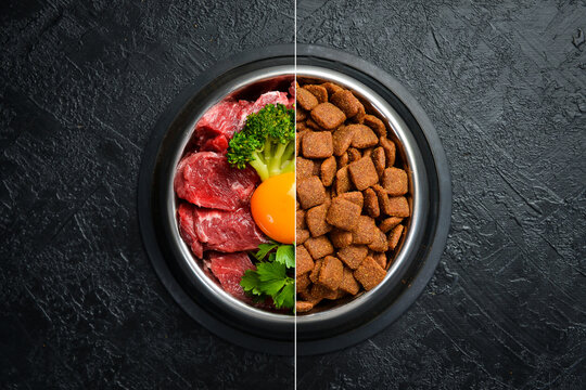 Photo collage. Bowl with food for dogs or cats. A set of dry fodder and fresh meat. Concept of healthy food for animals.