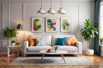 Scandinavian interior design of modern living room, home. Colorful vibrant pillows on white sofa against wall with art poster frame