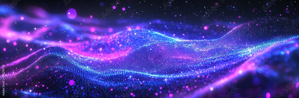 Poster 3D rendering of an abstract neon wave background in purple and blue. Visualization of virtual reality in the computer.
