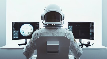 astronaut in white space suit sitting at a desk with three monitors, viewed from behind, with Earth visible through the window