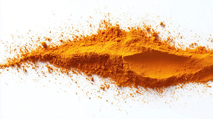 Turmeric powder isolated on a white background, with a fine dusting of the powder