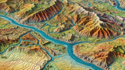 Obraz premium GIS geodata mapping concept featuring a detailed, layered terrain model with contour lines and elevation data. Ideal for geographic analysis and spatial data visualization