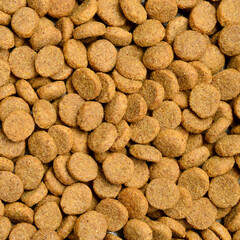 Top view. Pet Food Texture. Lot of Dry Granules of Crunchy Dog or Cat Food. Close up.