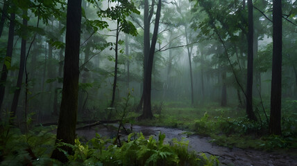 rainstorm in a forest clearing