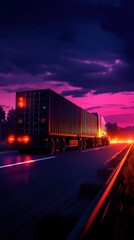 A vibrant sunset casts colors on a truck driving down a highway, highlighting the beauty of travel and transportation.