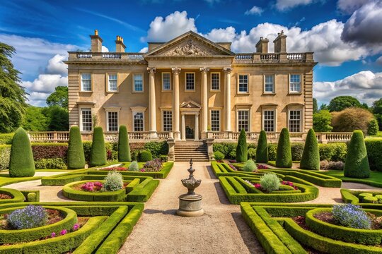 Elegant 18th-century Palladian villa situated amidst beautifully manicured gardens and tranquil surroundings, showcasing stunning architectural details and refined Georgian-era grandeur.