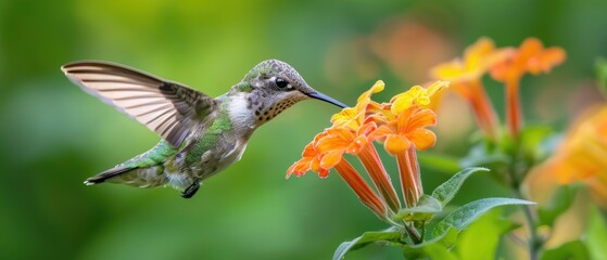 Fototapeta premium Graceful Hummingbird Hovering Near Vibrant Flower with Blurred Wings - Detailed Close-Up with Soft Focus Background