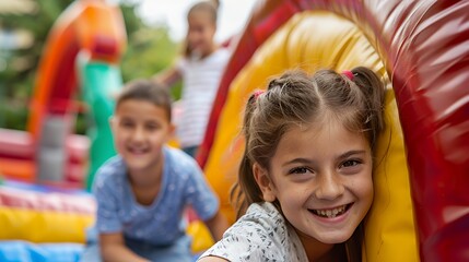 Children playing on a colorful inflatable bounce house, enjoying their time outdoors.