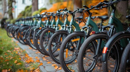 Bicycles Arranged in a Row in Autumn