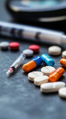 A collection of various pills and a syringe on a surface, suggesting medical use.