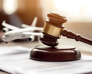 Gavel, airplane model and documents on desk, travel law concept, Air accident justice court suit system for pilots, passengers, and aircraft flight safety system