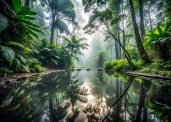Fototapeta premium dramatic overcast sky misty rainforest floor reflective pool sharp details cinematic tone