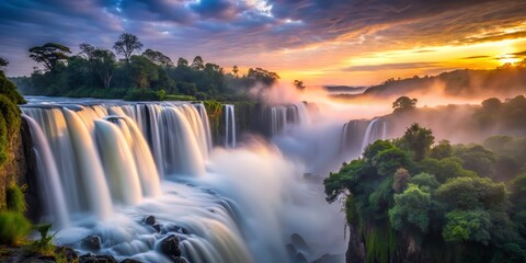 Fototapeta premium ethereal dawn mist swirling kalambo falls morning dense fog wispy clouds vibrant greenery long exposure silky water mystical dreamlike atmosphere eerie silence