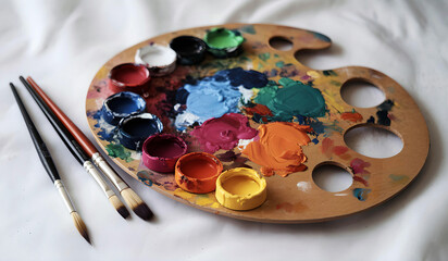 Painting brushes and palette on white background