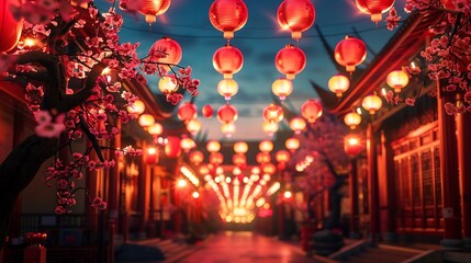 Fototapeta premium Chinese New Year Lanterns and Cherry Blossoms