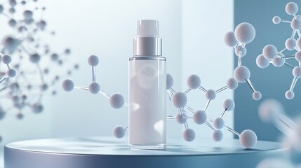 A stylized image of a skincare product with digital molecular structures integrated into the design, symbolizing the product's scientific efficacy, set against a modern, sleek backdrop