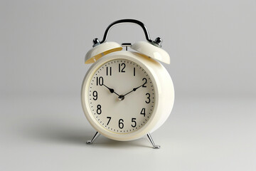Retro style white alarm clock on white background with empty space. Generated by artificial intelligence