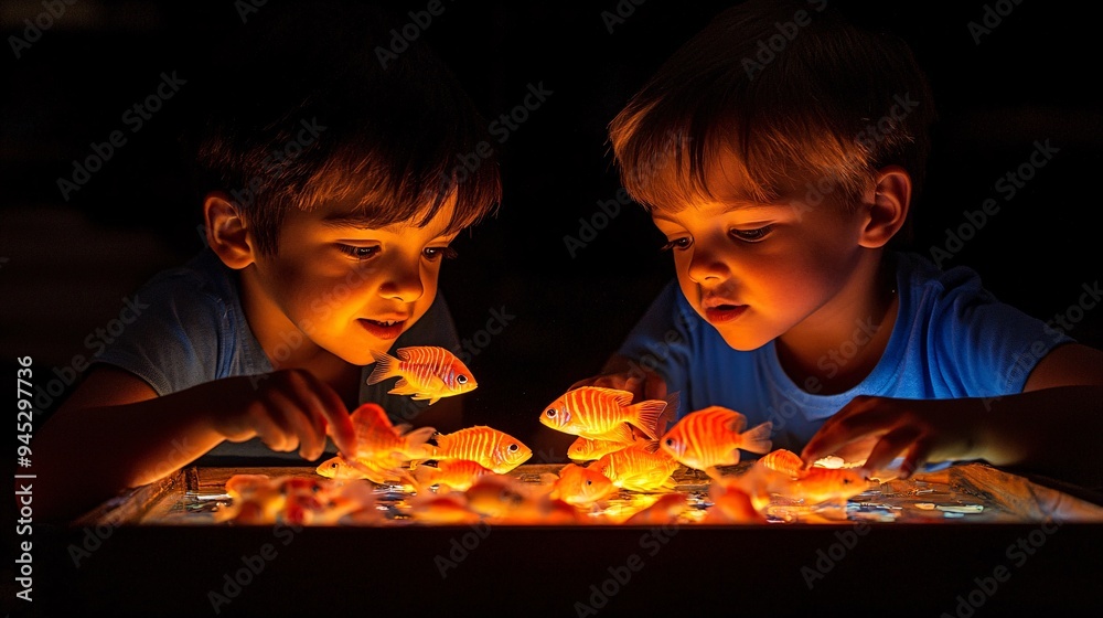 Aufkleber Children exploring marine life through a 3D holographic display in a science class Stock Photo with copy space