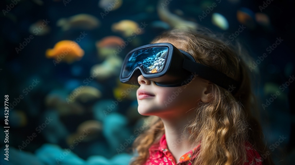 Aufkleber Children exploring marine life through a 3D holographic display in a science class Stock Photo with copy space
