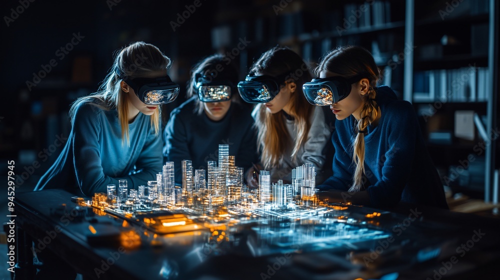 Poster students participating in a group project with a 3d holographic model of a city stock photo with cop