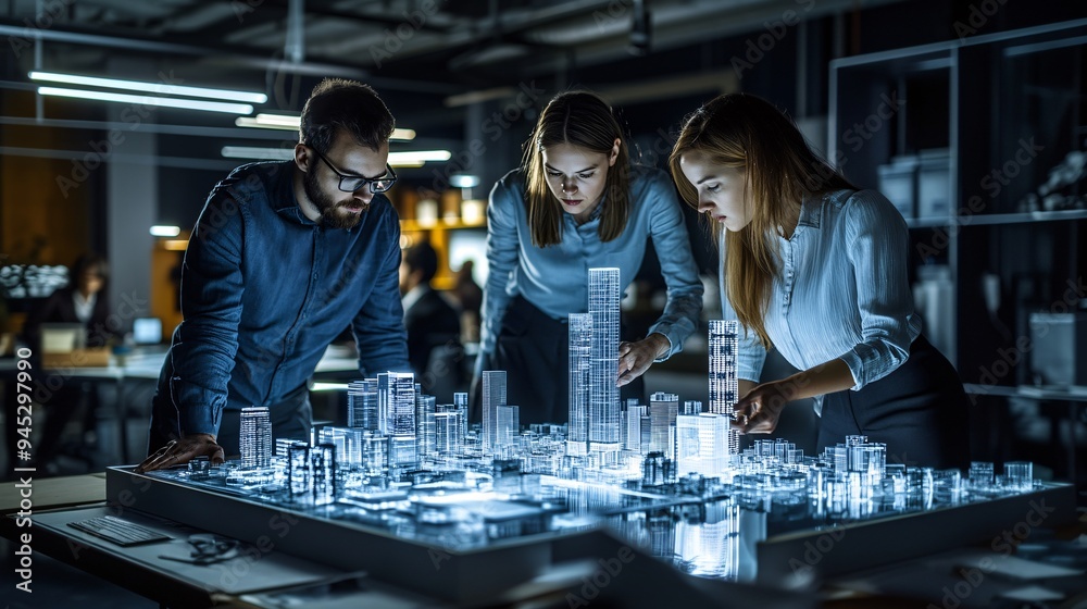 Poster students participating in a group project with a 3d holographic model of a city stock photo with cop