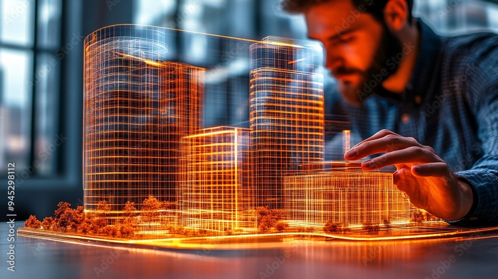 Poster University lecturer using a 3D hologram to teach architectural design principles Stock Photo with copy space