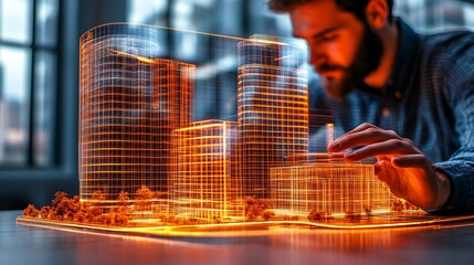University lecturer using a 3D hologram to teach architectural design principles Stock Photo with copy space
