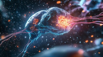 Obraz premium A detailed rendering of a nerve cell synapse, showing the transmission of signals between neurons, with neurotransmitters being released from vesicles into the synaptic cleft